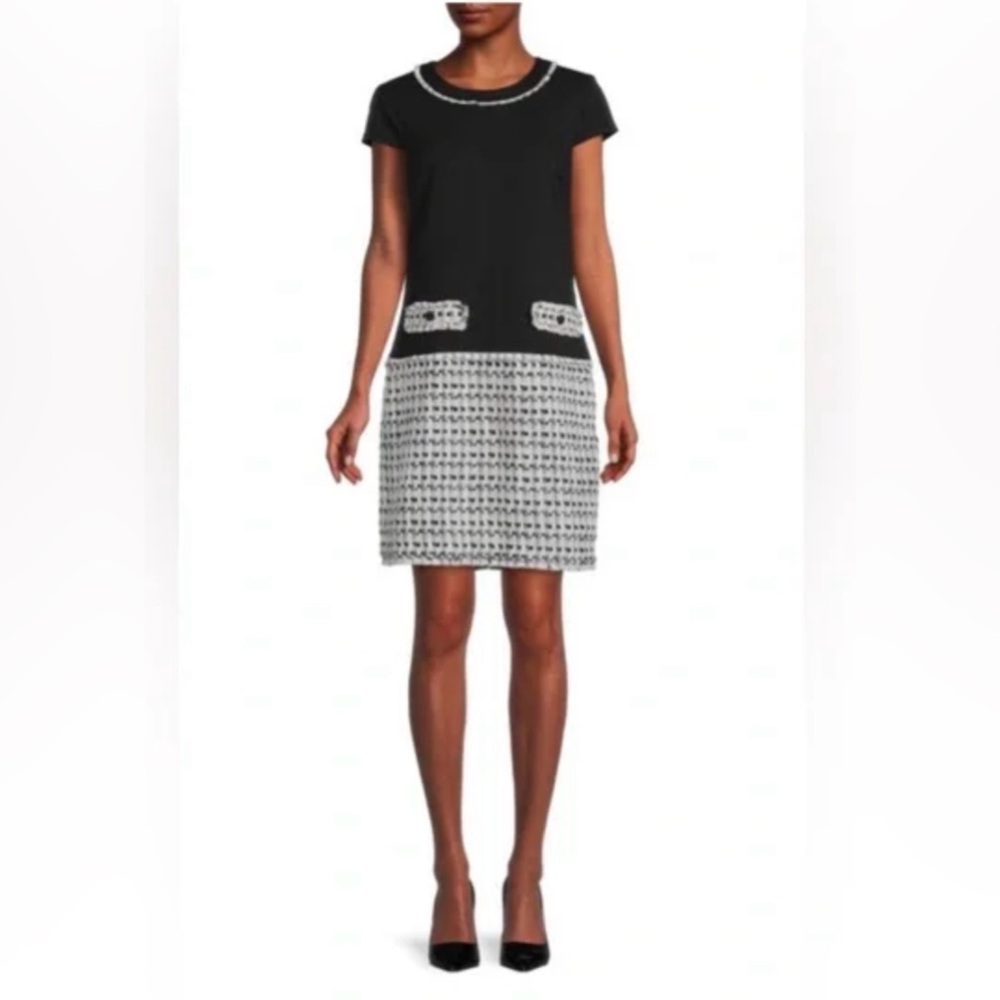 Karl Lagerfeld Black and White Tweed-Trim Dress